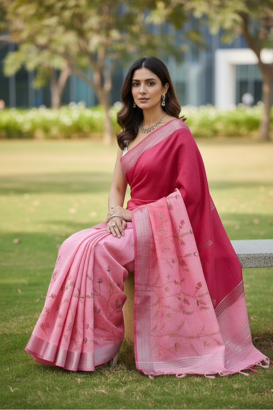 Pink Linen Saree