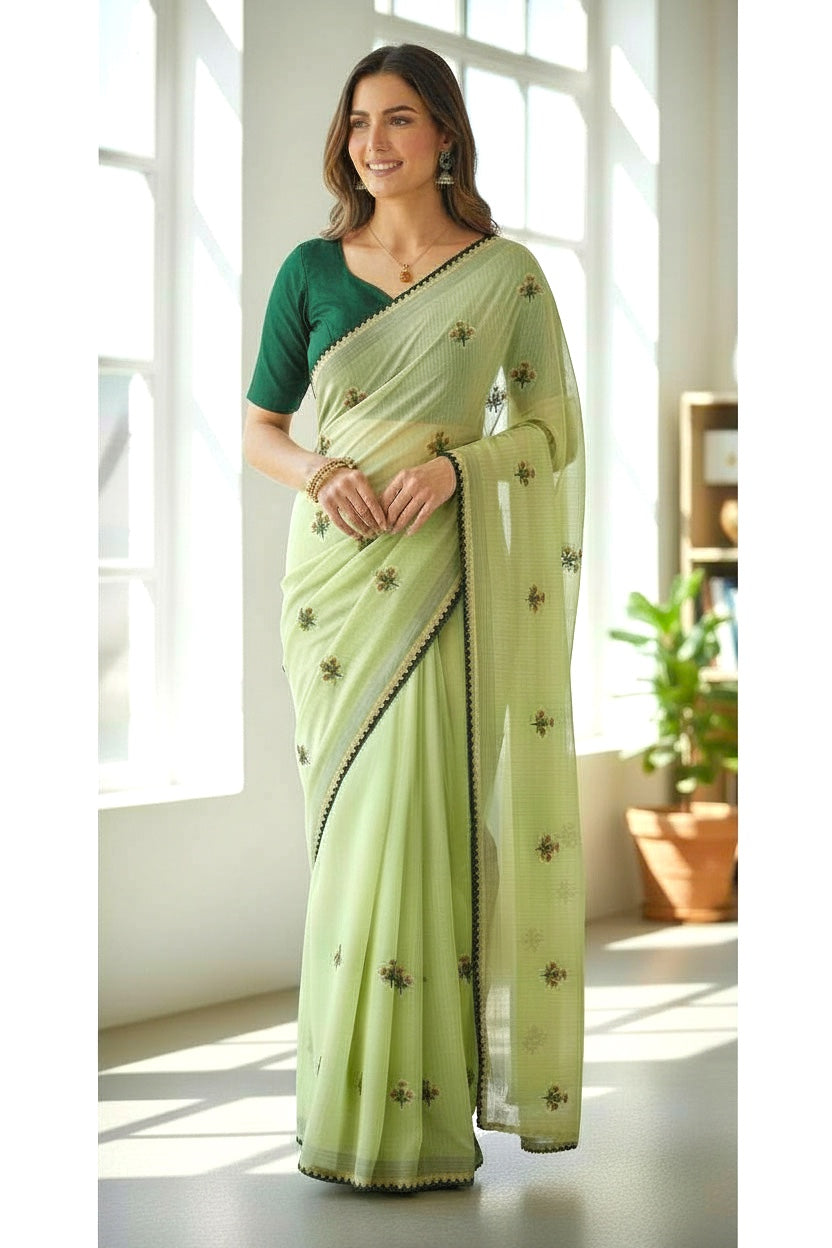 Pista Green anchal georgette embroidered Saree