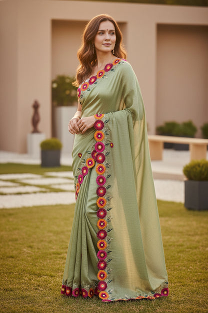 Pista Green Vichitra Silk flower embroidered border Saree