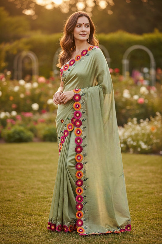 Pista Green Vichitra Silk flower embroidered border Saree