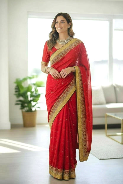 Red full jarkan work with embroidered lace border