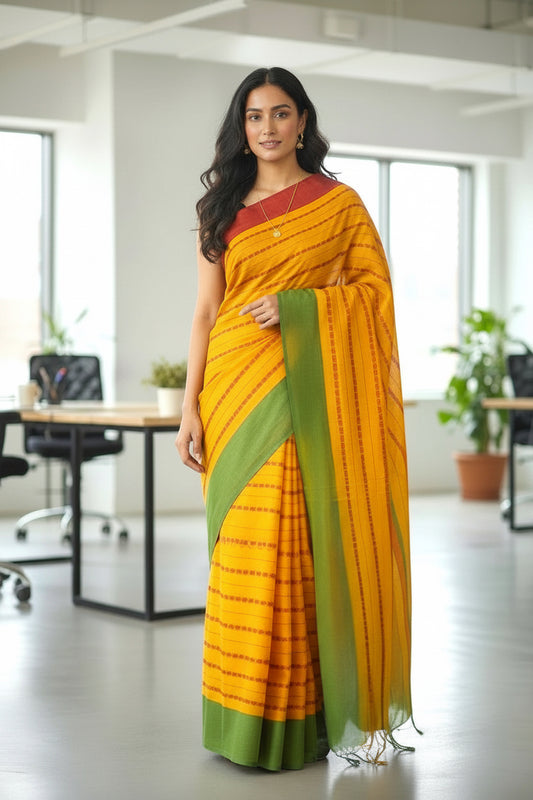 Sunset Yellow Striped Saree