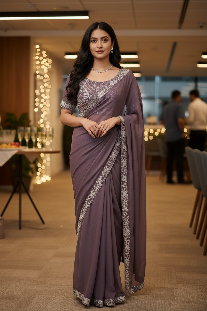 Jamun saree with embroidered puff sleeve blouse