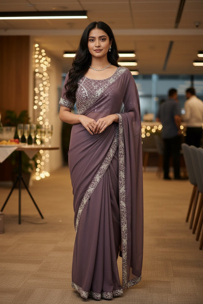 Jamun saree with embroidered puff sleeve blouse