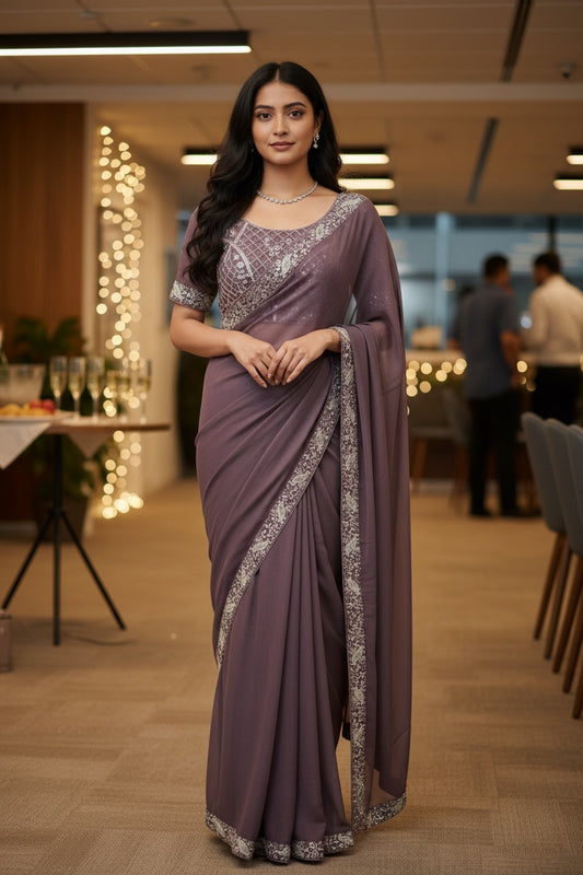 Jamun saree with embroidered puff sleeve blouse