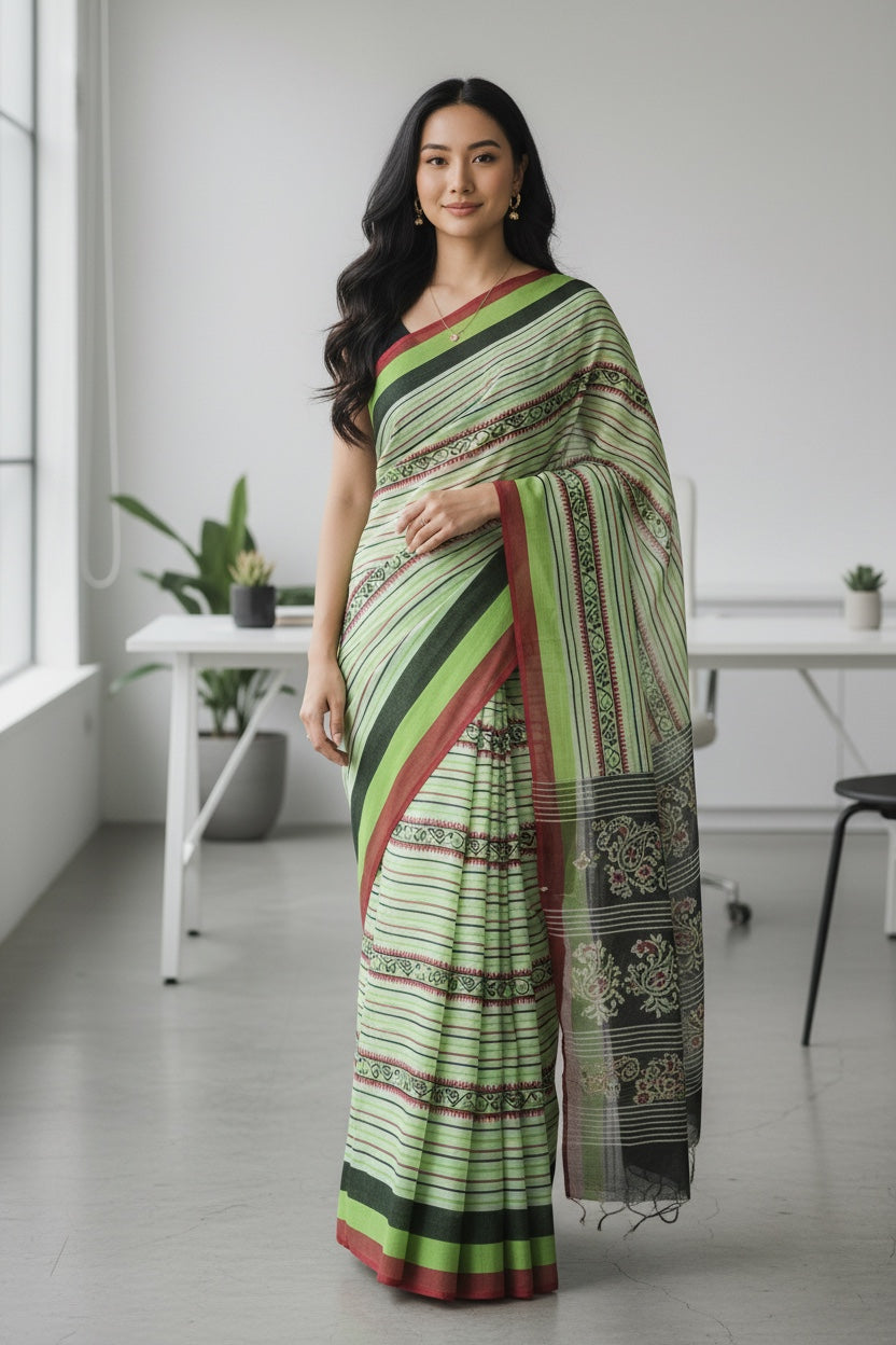 Pista Green striped Cotton Saree