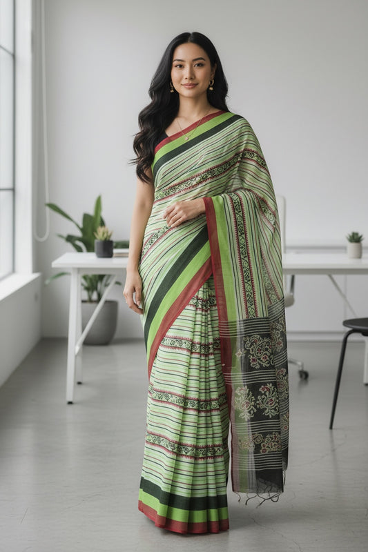 Pista Green striped Cotton Saree