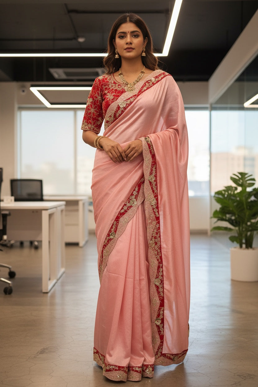 Pink scalloped saree with Red blouse