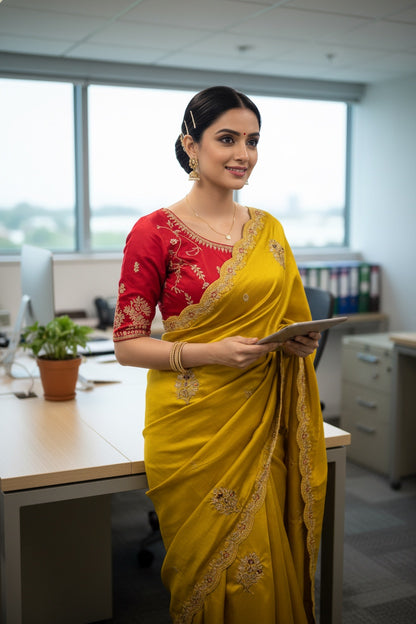 Mustard saree with red blouse