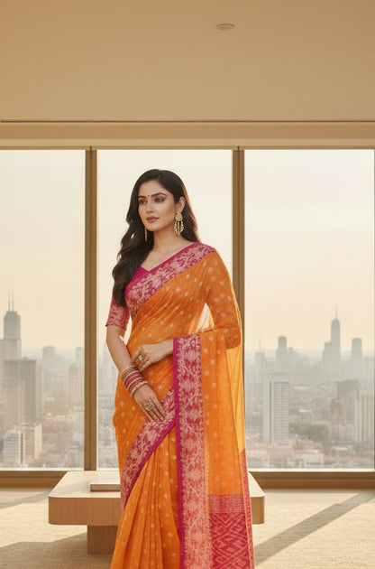 Orange and Pink Contrast Muslin Saree