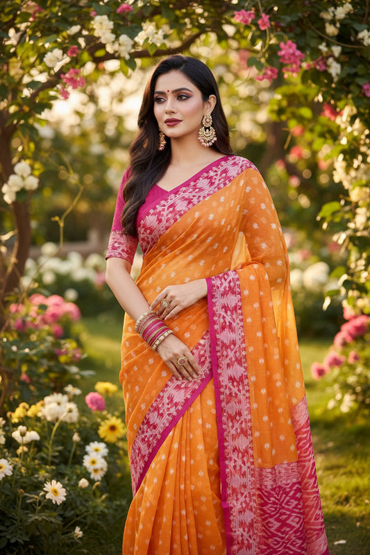 Orange and Pink Contrast Muslin Saree