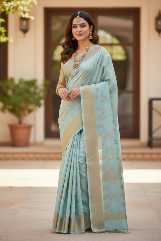 Light Blue Block linen saree